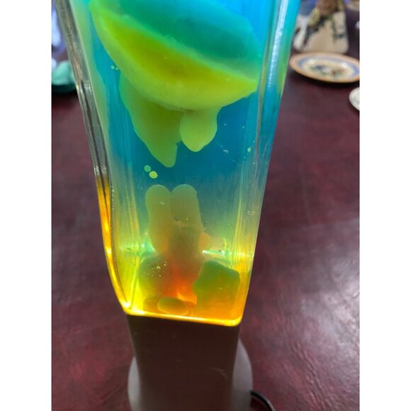 Vintage Lava Lamp Blue Green Yellow Teal Silver Base & Cap Sleek Wave Design - Picture 4 of 12